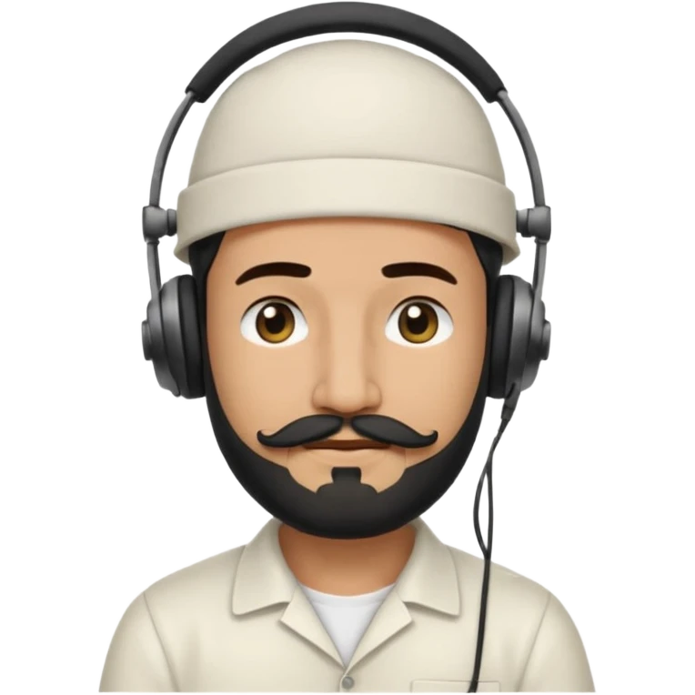Half body man wearing white topi, lapray, black beard and moustache, headphones, eyes closed, realistic emoji style. emoji