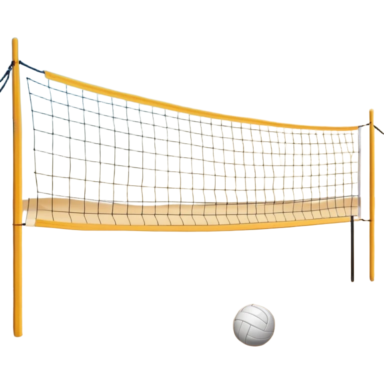 A close-up volleyball net with a ball hovering above it, set against the backdrop of a sandy volleyball court. The scene highlights the tension of an impending play, with the court lines clearly visible and a bright, sunny atmosphere surrounding the action. emoji