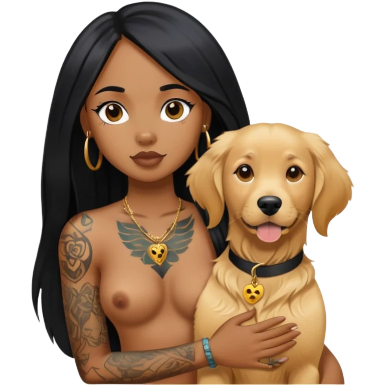 a black girl with long black  straight hair with  tattoos on the chest and  a golden retriever emoji