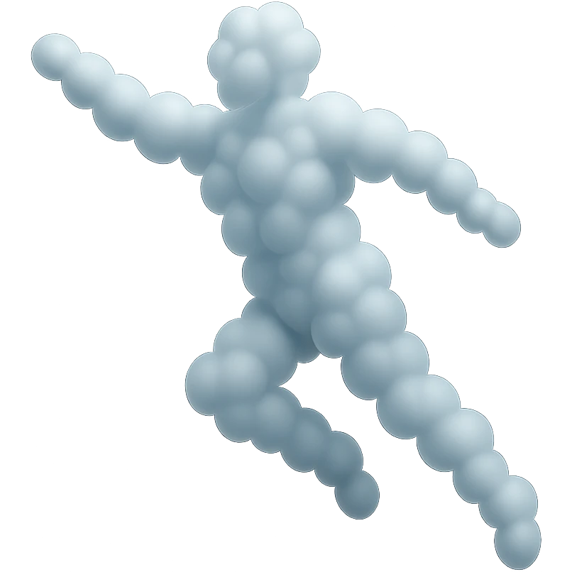 flying person made entirely of small very white fluffy convex clouds, matte glass style, minimalism emoji
