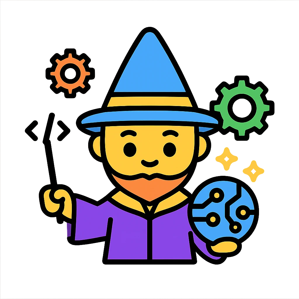 vector cute AI wizard character, surrounded by floating gears, holding a wand made of code, circuit orb with glowing automation sparks, modern and playful tech look emoji
