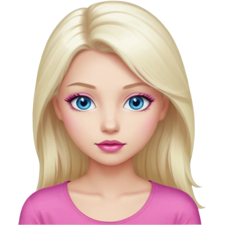 Girl with long platinum blonde hair, blue eyes, long lashes, sexy pink lips, wearing a pink top emoji