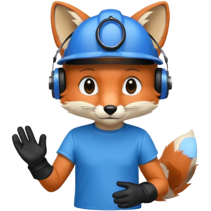 лисенок в каске синей и киней футболке и черных перчатках слушает музыку emoji