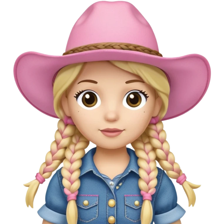 A soft plush cowgirl doll with a pink hat and blonde braids emoji