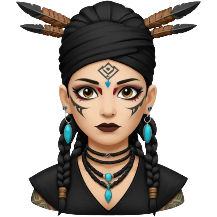 white shaman woman black clothes black accesories face tattoos emoji