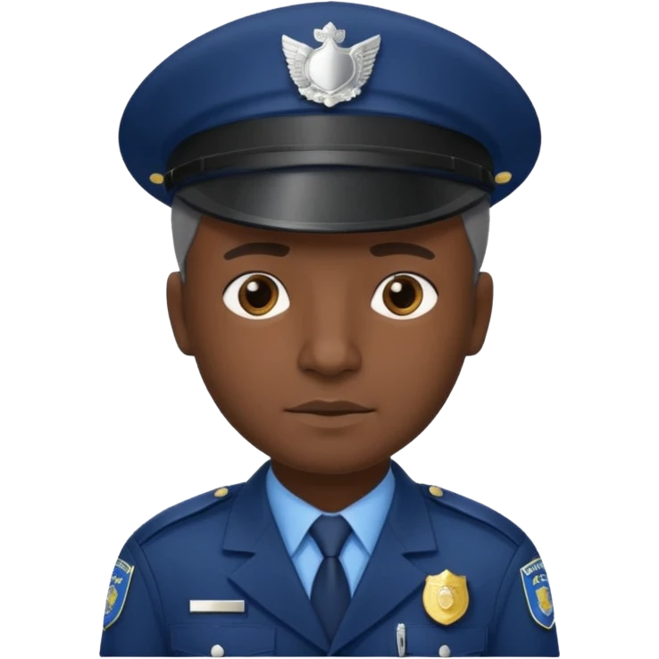 A dark-skinned man wearing a navy police hat with a silver badge, facing forward with a neutral expression. emoji