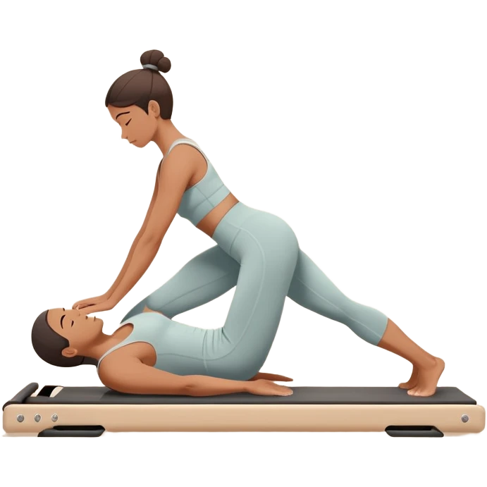 A person performing a Pilates exercise on a mat in a clean, modern studio. The focus is on core strength and flexibility, with a neutral, calming color palette. Simple equipment like a reformer machine and a soft, tranquil background enhance the feeling of controlled movement and focus. emoji