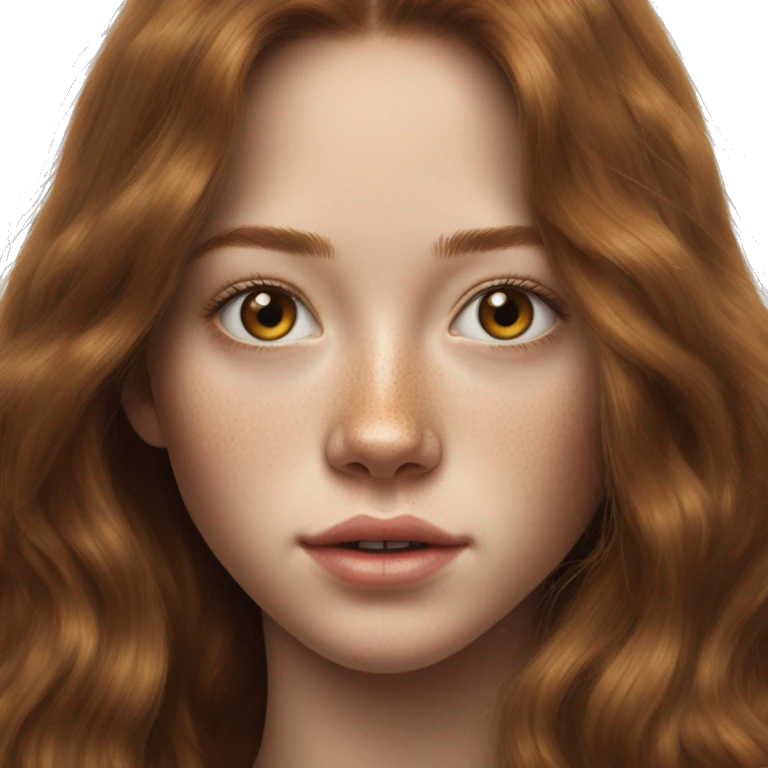 Maja Strojek long brown hair teenager, freckles, hyperreal, photoreal portrait emoji