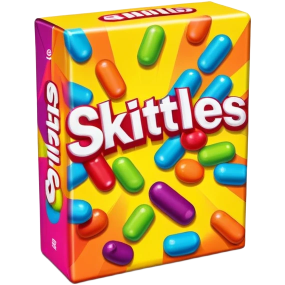 A vintage 90s Skittles package with neon accents, radical 90s American style, old school logo, bright and colorful emoji