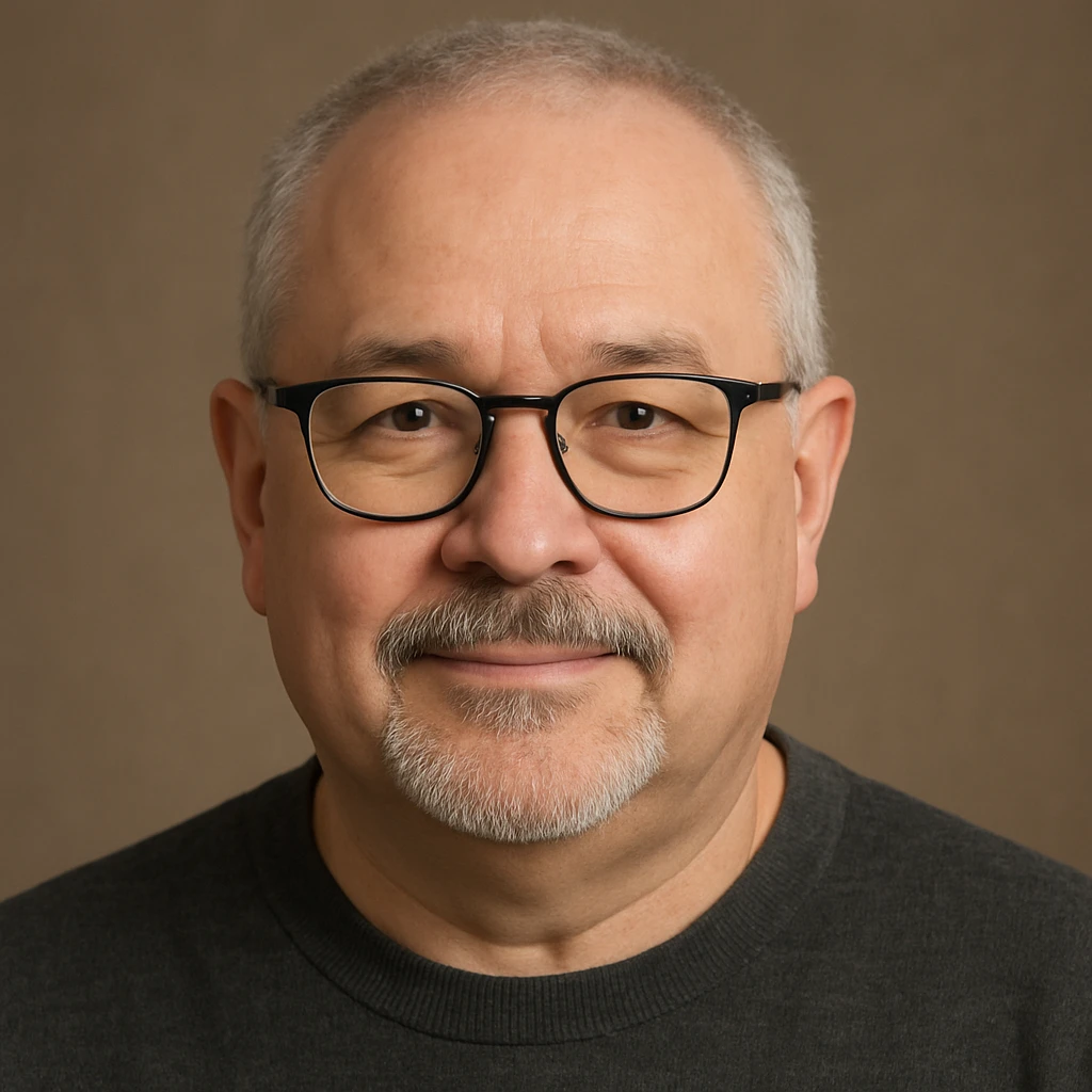 portrait varié d'un homme de 60 ans, cheveux très courts gris, visage rond, lunettes, moustache et bouc court emoji