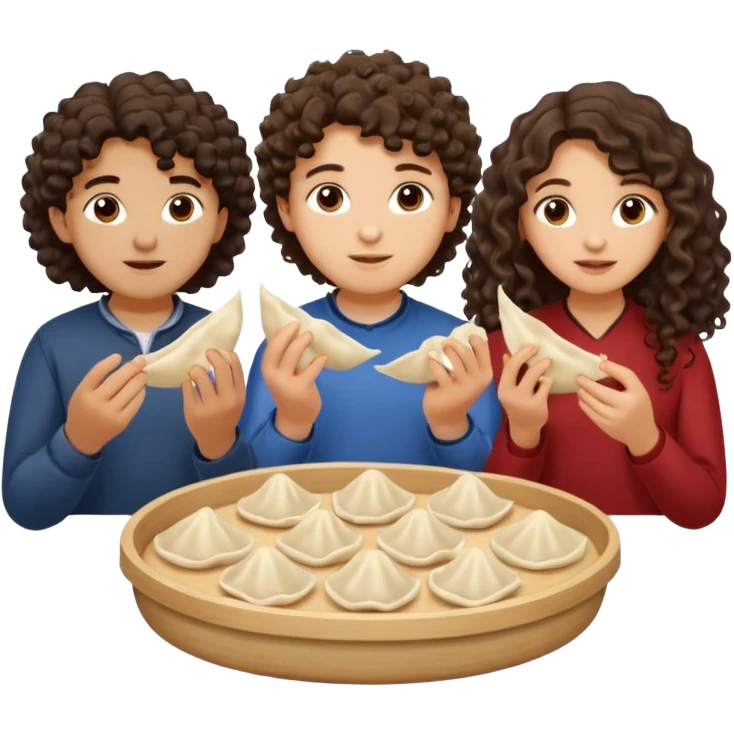 Can you create an emoji of three 23 year olds eating dumplings. One boy with wavy curly hair and one Jewish girl with long dark brown curly hair and one half Indian / half white girl with mid length dark brown hair. All brown eyes emoji