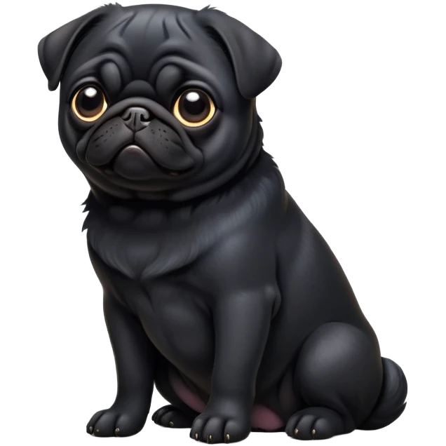 cinematic-[black pug]-realistic-full-body-sitting-emoji,-tail-resting-loosely-beside-its-paws,-head-tilted-dramatically, -sleek-[black]-fur,-simplified-yet-realistic-focused-features,-highly-detailed,-glowing-with-an-almost-sarcastic-glow emoji