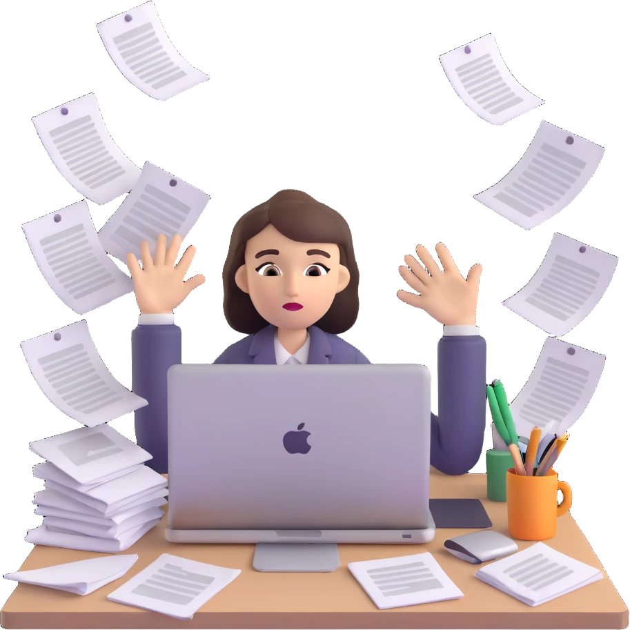 tired woman at a desk with a MacBook, surrounded by messy papers, emphasizing disorganization emoji