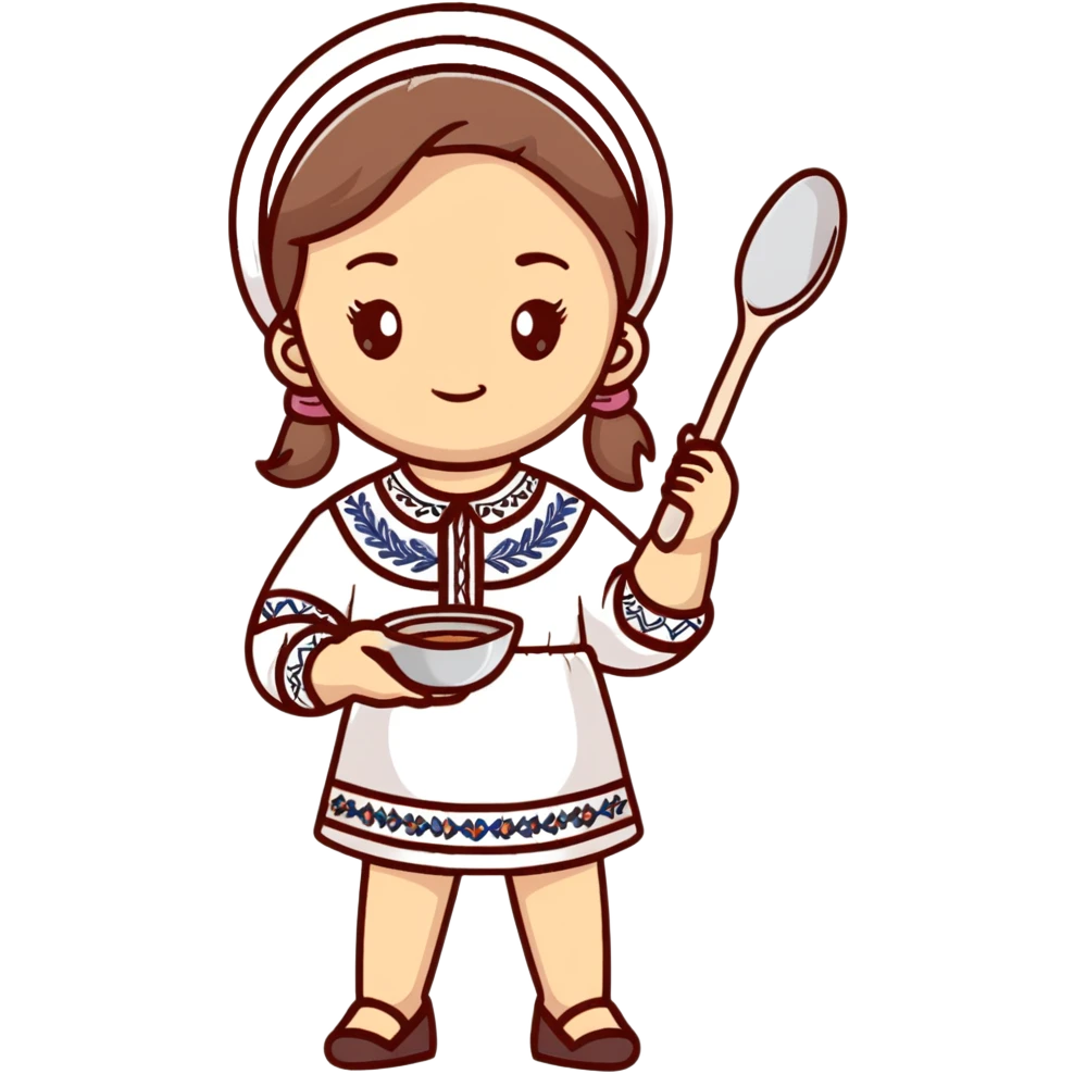 Ukrainian young girl in a white embroidered traditional shirt holding cooking tools like spoon and ladle emoji