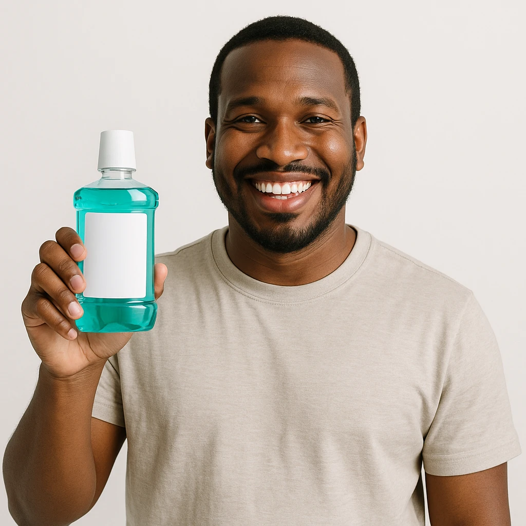 A smiling Black man with a bottle of mouthwash in his hand, casual pose, clean background. emoji