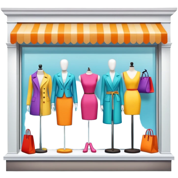 Storefront shop window with products displayed, mannequins, and clothing items emoji