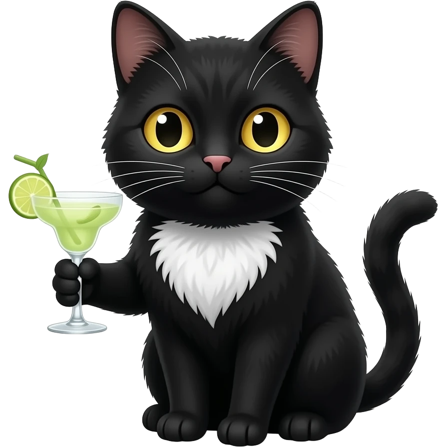Black cat with a white fur chest with gold eyes holding a margarita emoji