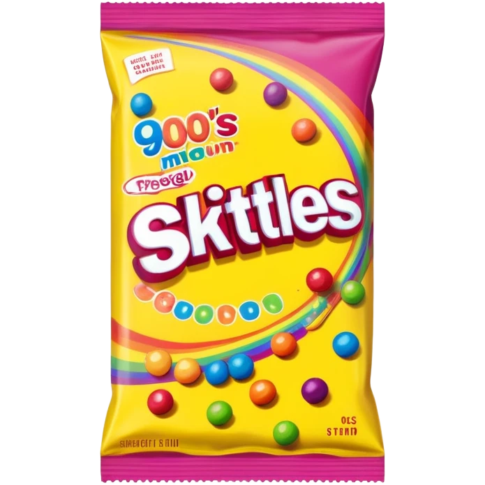 A 90s American Skittles candy package with bold colors, retro design elements, original 90s packaging with bright rainbow colors emoji