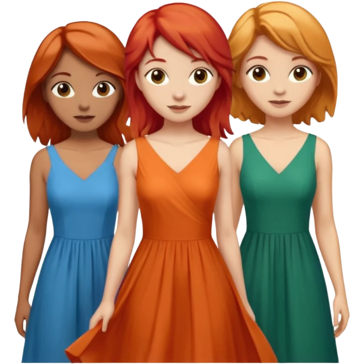 Can you create an image of 3 friends together one with red bright hair light skin one the other with brown hair with some blonde highlights in the hair fair skin the last one with light brown a tint of orange hair with flowy dresses emoji