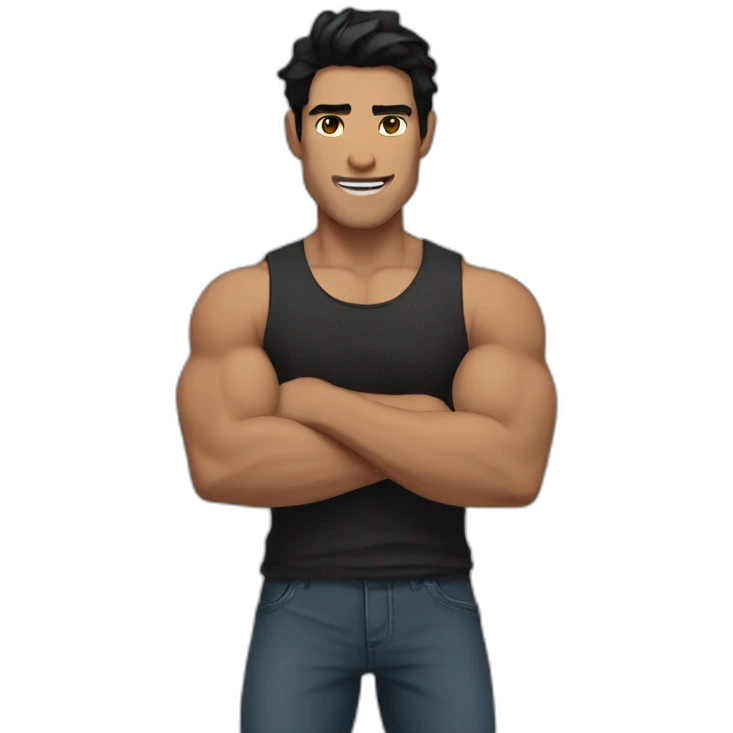 Men with black hair and brown eyes flexing arms emoji