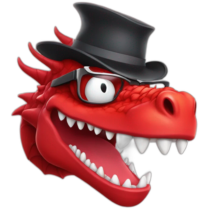 Crazy funny red dragon head with human white teeth and beautiful smile wearing glasses and hat emoji