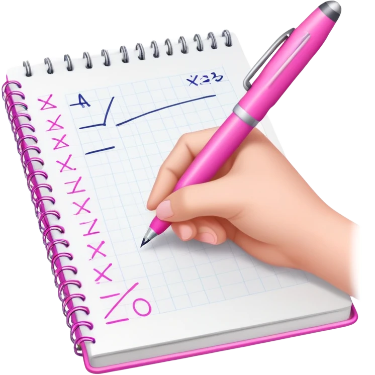 a hand writing a math equation with a pink pen in a notebook emoji