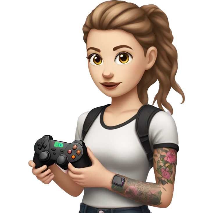 White girl with arm tattoo and brown hair holding a pink game controller emoji