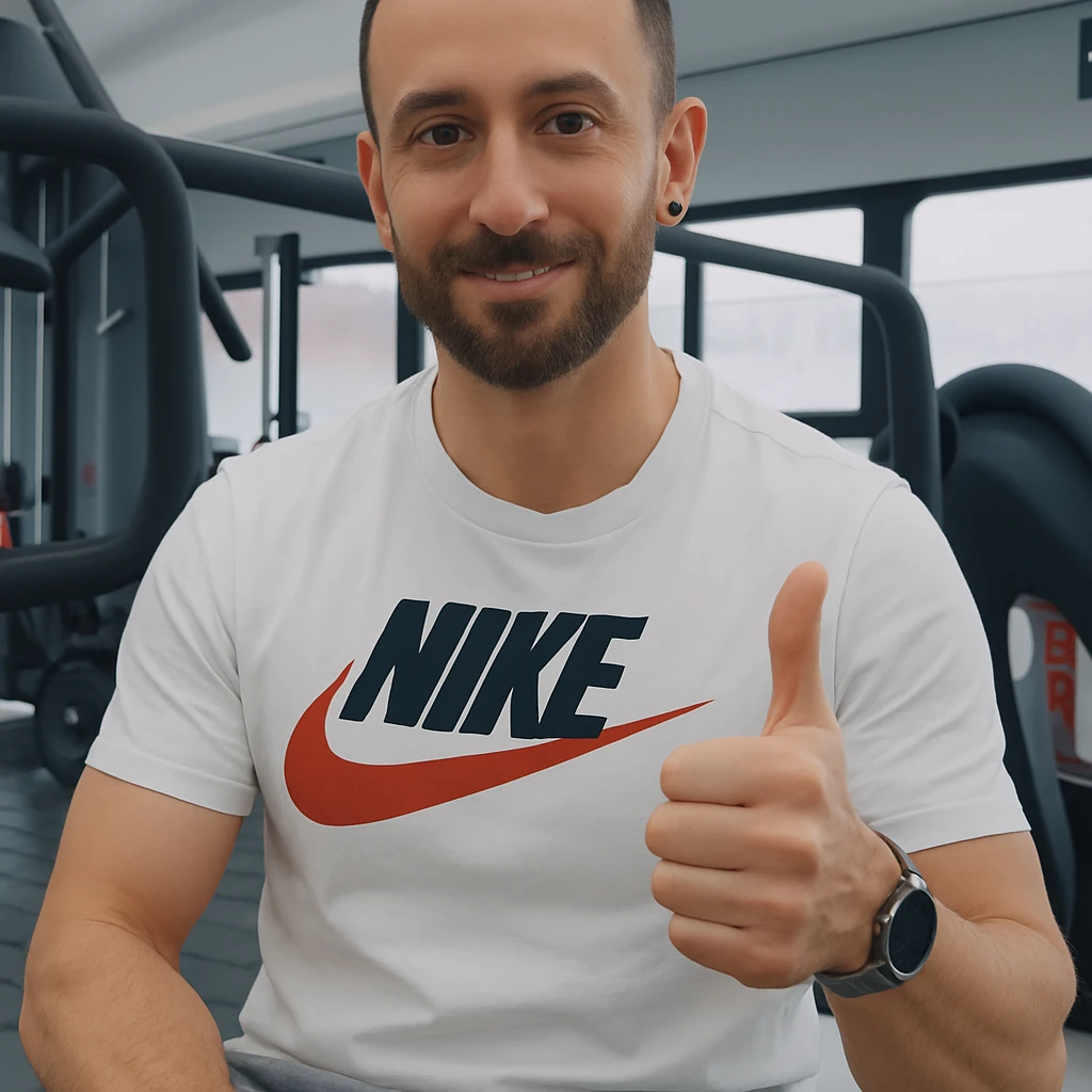 The man in the photo is making the OK gesture with his thumb up, showing an expression of approval, in a gym environment, photorealistic style. emoji