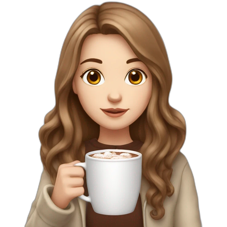 white girl with brown long hair and a hot chocolate emoji