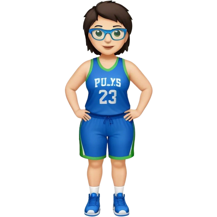 Full Body plus size white female with short dark hair with highlights spike hair wearing blue glasses basketball player wearing blue green uniform smiling emoji