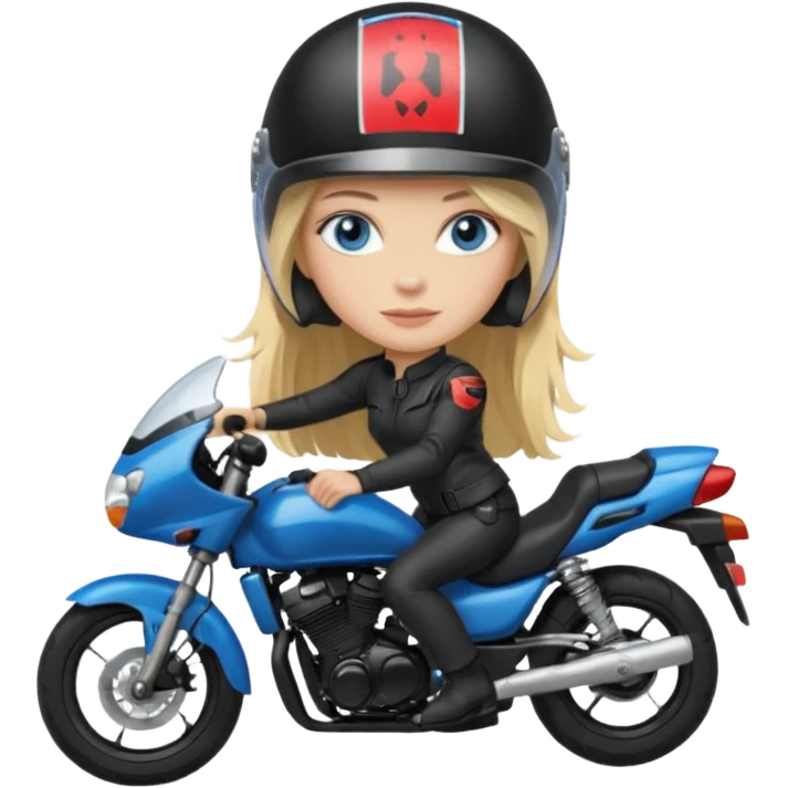 moça cabelo comprido loira de olho azul de capacete em uma moto honda preta  emoji