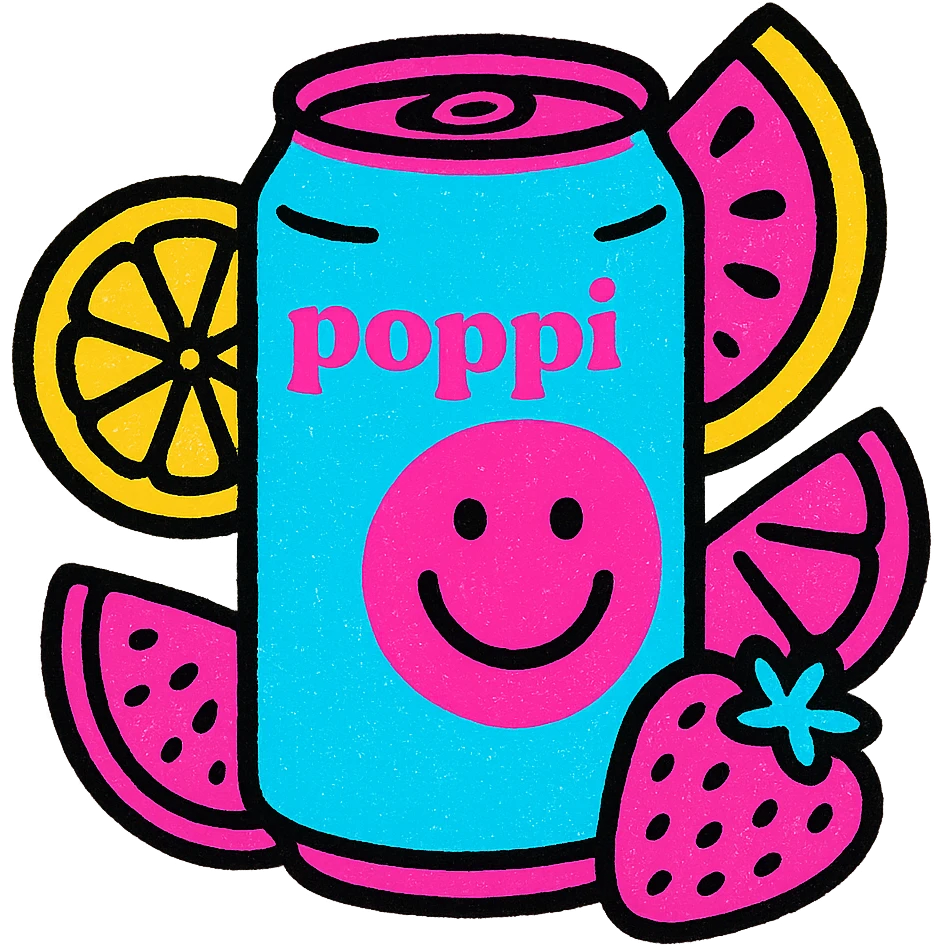 Poppi soda can surrounded by fresh fruit slices, colorful, healthy, inviting emoji