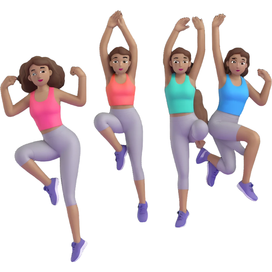 three women friends exercising together, one black woman with brown hair, two white women with brown hair emoji