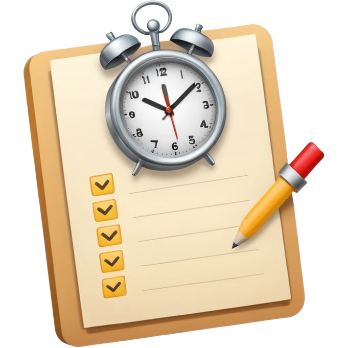 minimal modern emoji-style icon for 'What to Expect' in test prep, a document with checkboxes and a clock, clear, suitable for educational materials emoji