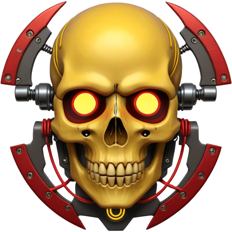 Cyberpunk shield, skull with cybernetic implants, glowing wires, dark yellow and red tones, no background emoji