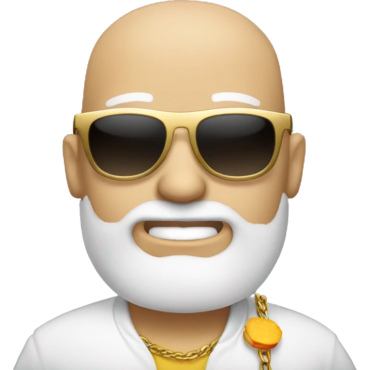 A white man that’s bald with a beard wearing sunglasses and a gold chain holding a hamburger  emoji