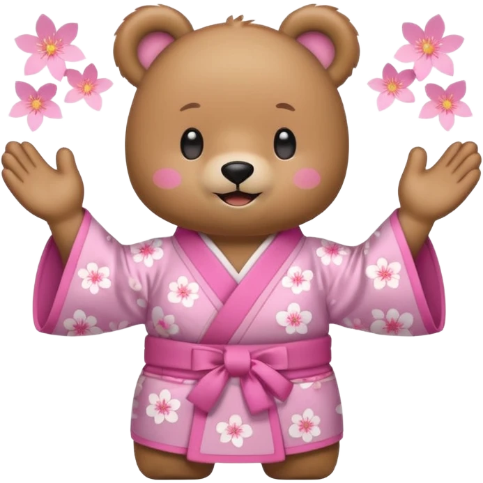 A cute light-brown bear wearing a pastel pink sakura-patterned kimono, normal balanced body ratio.  
Clapping hands cheerfully with a big bright smile and small spark effects around.  
Kawaii emoji style, minimalistic clean sticker illustration, white background.
 emoji