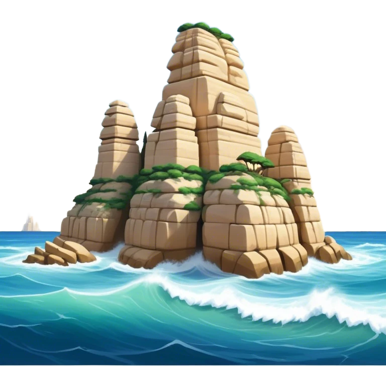 Cinematic Realistic Raouche Rocks, Beirut Landmark Emoji, depicting the majestic limestone rock formations rising from the Mediterranean Sea, with waves crashing against their bases under a vibrant sky. emoji