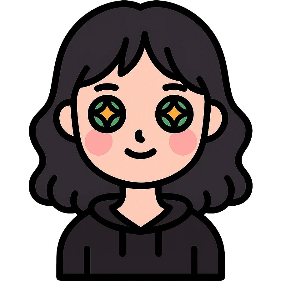 A cute girl with white skin, dark wavy hair just below her shoulders, green eyes, fair skin, a soft pink blush, and burning stars in her eyes. She has a thin neck and is wearing a black hoodie. The girl has long bangs styled on both sides of her face. emoji