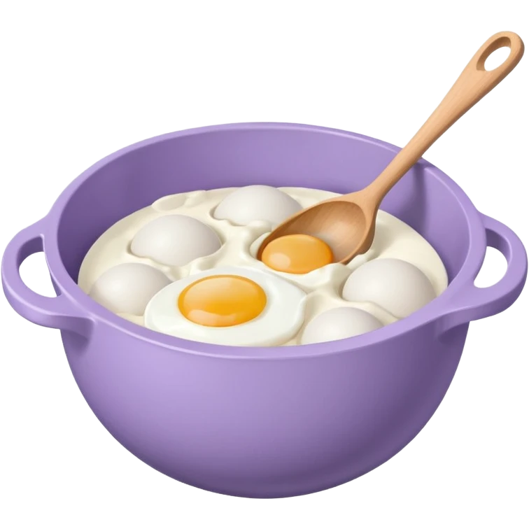 a lilac ceramic mixing bowl with a wooden spoon stirring and sitting next to it is a dozen eggs with the carton lid open emoji