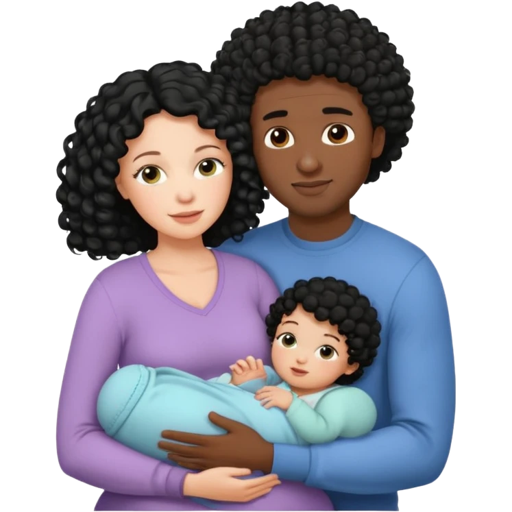 family: white woman curly black hair, black man with short black frizz hair, one 2 y o daughter , and a newborn in the and of the mother emoji