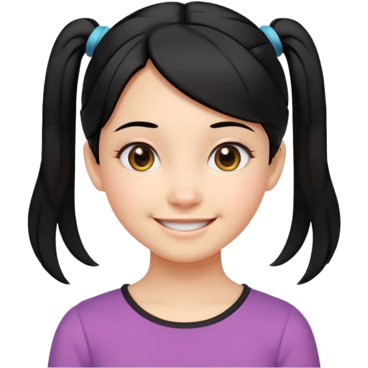 smiling girl with black hair parted in the middle tied into two low pigtails near the neck, round eyes, cheerful expression, soft cartoon-like facial features, head and upper shoulders, clean lines, minimal white background, vibrant and simple emoji style emoji