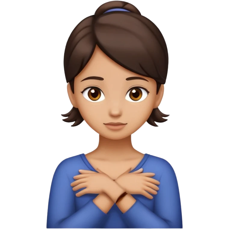 girl with hands cross on her neck with light tan skin and dark brown hair and light brown eyes emoji