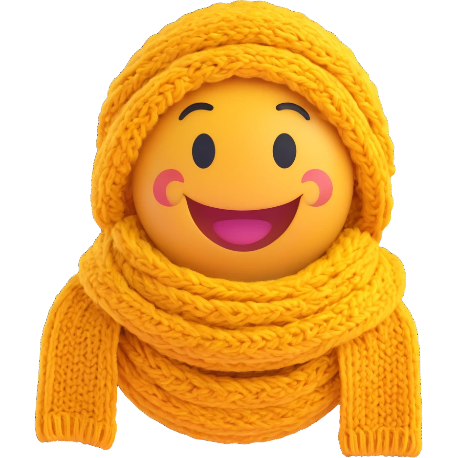 3D smiley emoji, round shape, grandmother with knitted scarf, purple color, smiling face emoji