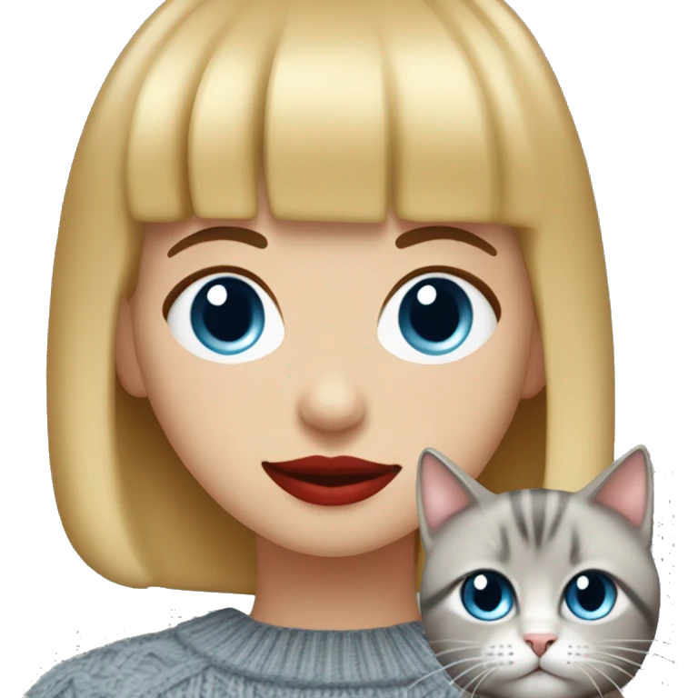 girl with blonde bob hair and bangs (a fringe) with blue eyes, long eyelashes and red lipstick in a red cable knit sweater holding a grey cat emoji