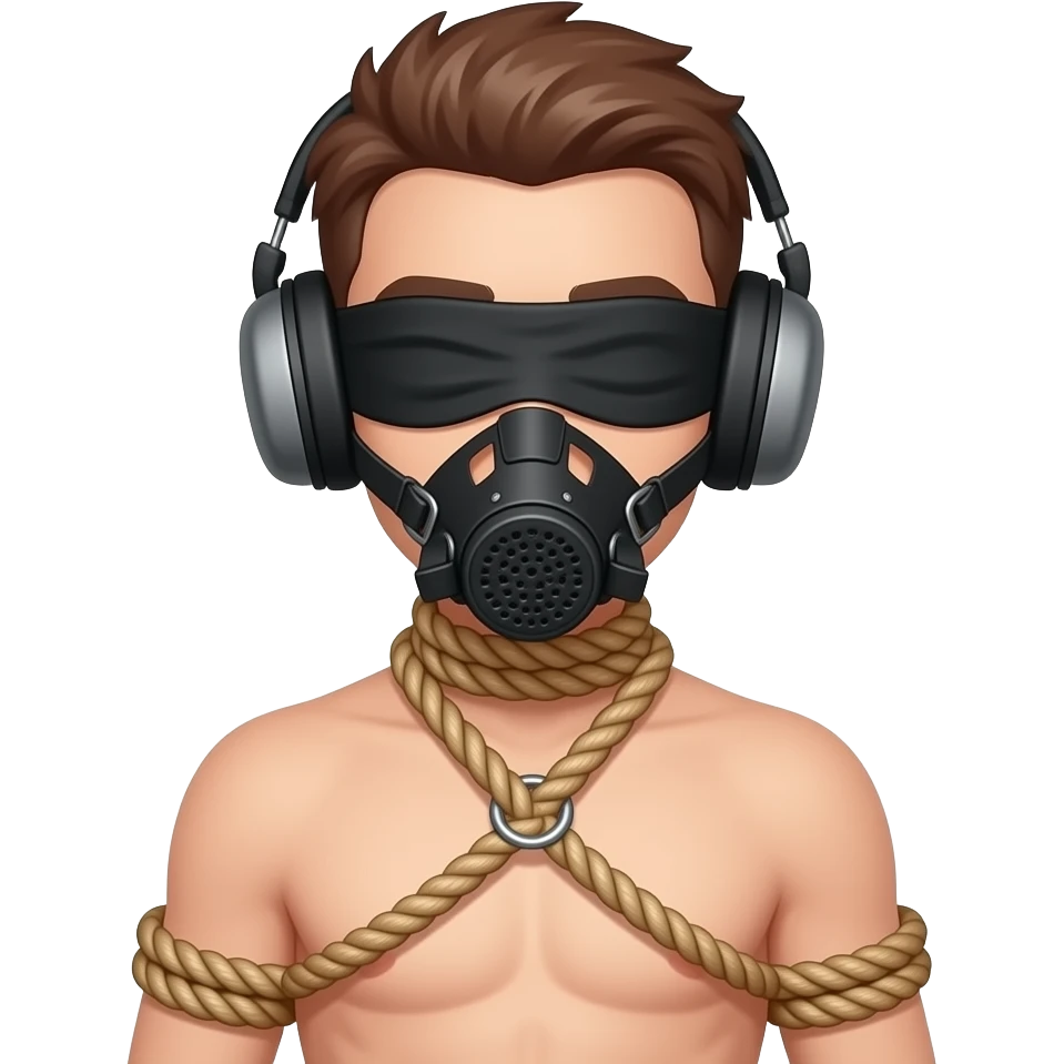 Rope Bondage naked boy earmuffs muzzle blindfold emoji