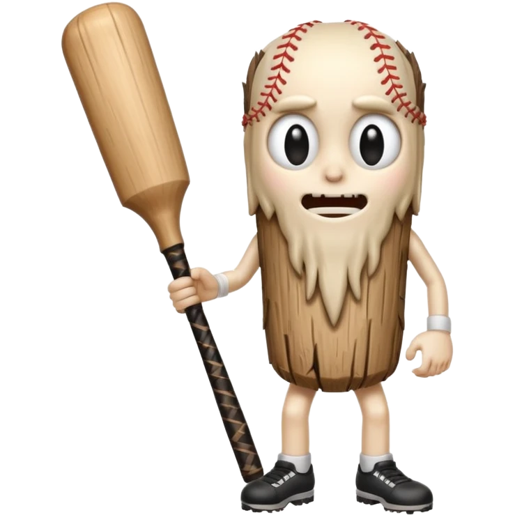 creepy long stump character with arms and legs holding a baseball bat exaggerated facial features unsettling vibe inspired by the uploaded image emoji style emoji