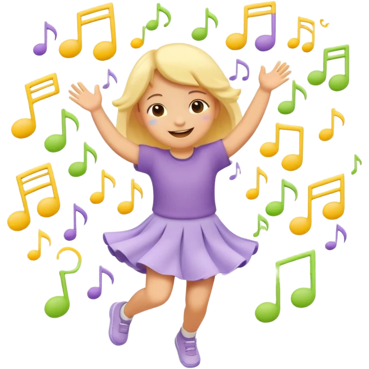 Flat illustration emoji of a small child dancing or moving joyfully to music, musical notes floating around, smiling expression, soft pastel colors (yellow, lavender, light green), rounded shapes, minimal details, child-friendly, warm and playful style emoji