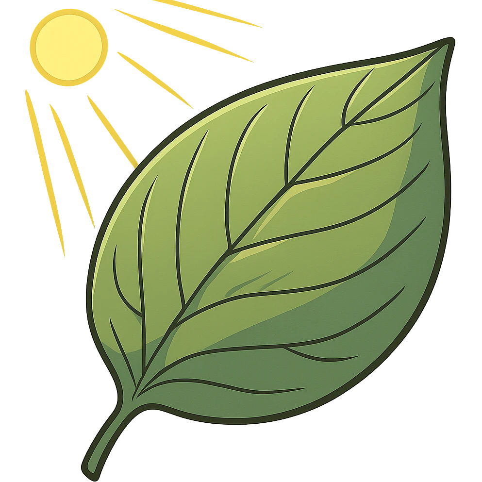 cartoon-style close-up of a green leaf with visible veins, sunlight shining on it, transparent background emoji