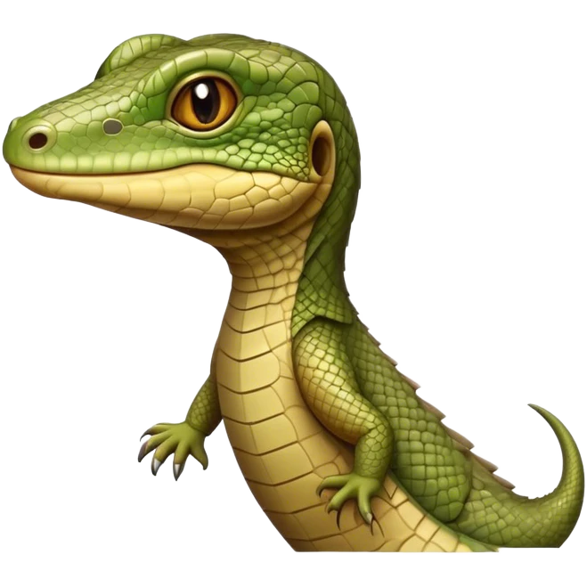Cinematic Realistic Cute Monitor Lizard Portrait Emoji, Head tilted playfully and inquisitively, featuring a compact, agile body with finely detailed, glossy scales in earthy olive hues and a distinct, alert face with bright, curious eyes, rendered with lifelike natural highlights, high shine, affectionate and spirited, styled with a touch of rugged whimsy, soft glowing outline, capturing the essence of a mischievous yet lovable monitor lizard that seems poised to scurry playfully into your arms! emoji